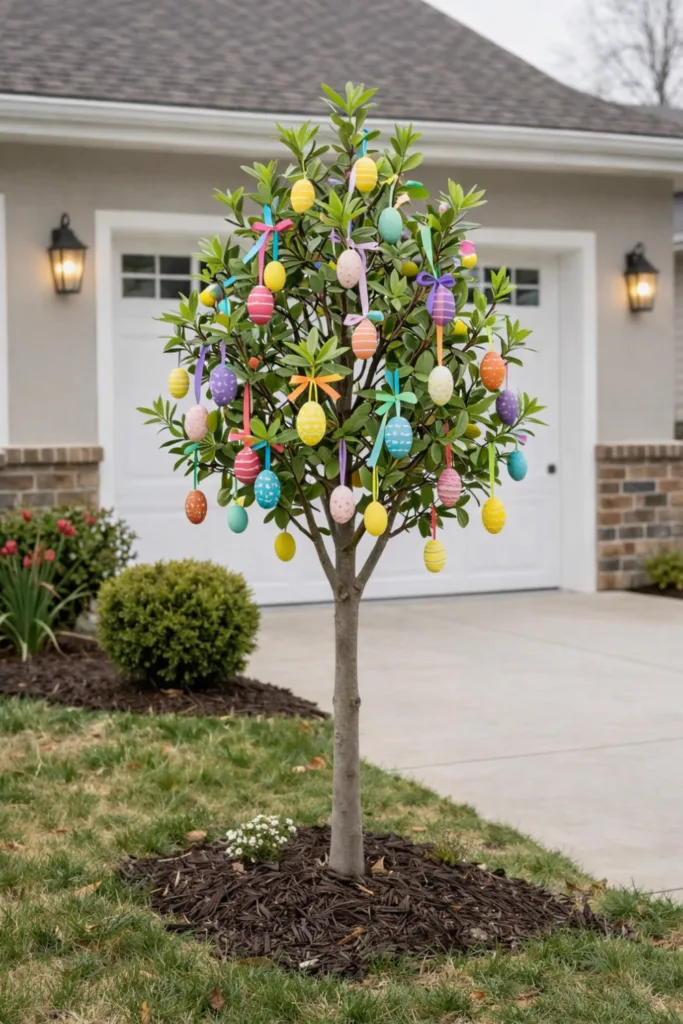 Osterdeko für die Einfahrt: 9 Ideen, die einfach Freude machen Osterdeko im Garten mit geschmücktem Baum, bunten Ostereiern und Frühlingsdekoration vor dem Haus