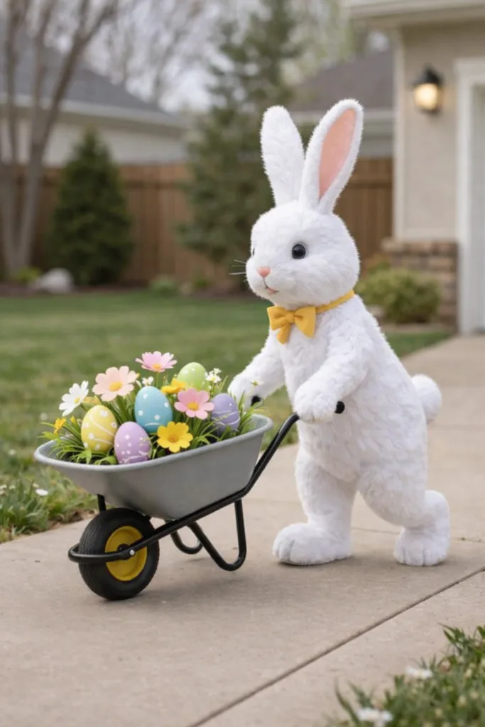 Osterdeko für die Einfahrt: 9 Ideen, die einfach Freude machen Osterhase im Garten mit Schubkarre voller Ostereier und Frühlingsblumen