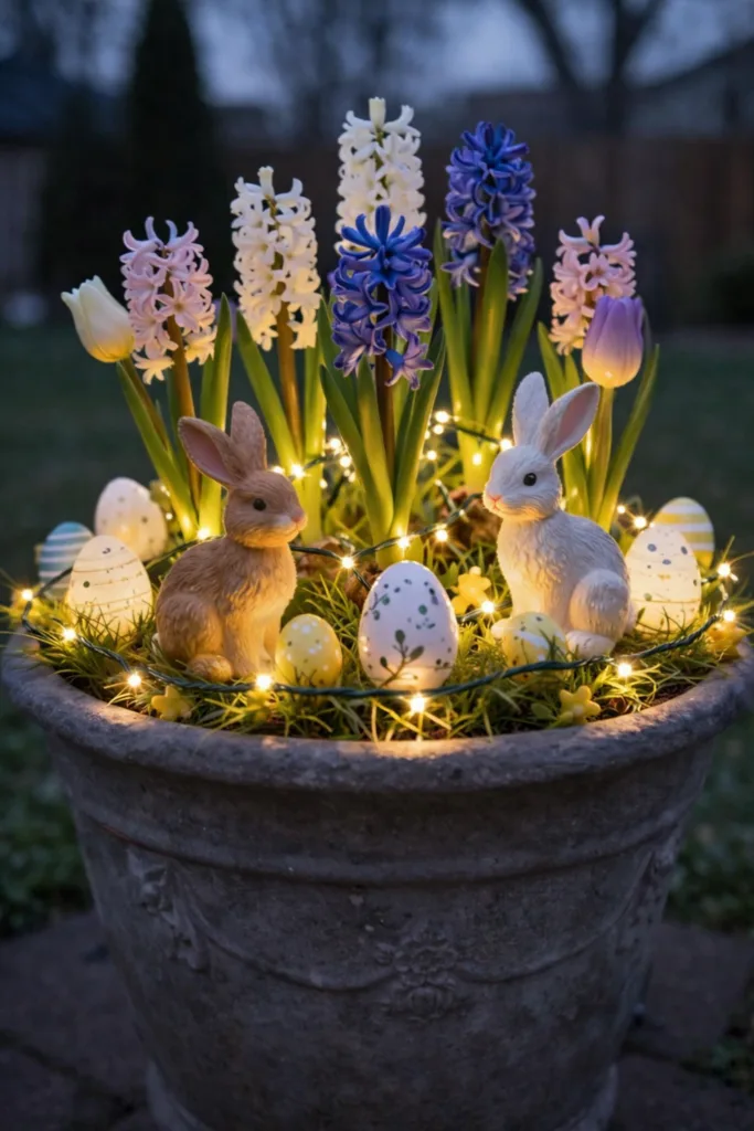 Osterdeko im Garten mit Blumen, Osterhasen, Eiern und Lichterkette im bepflanzten Topf