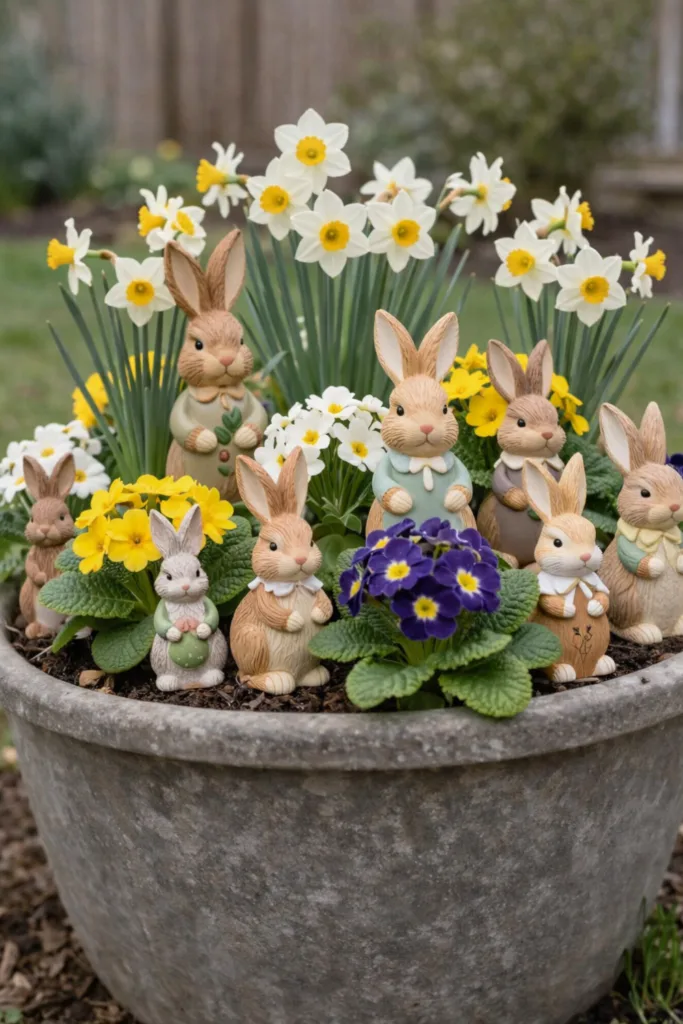 Osterhasen im Blumentopf mit Frühlingsblumen als Osterdeko im Garten
