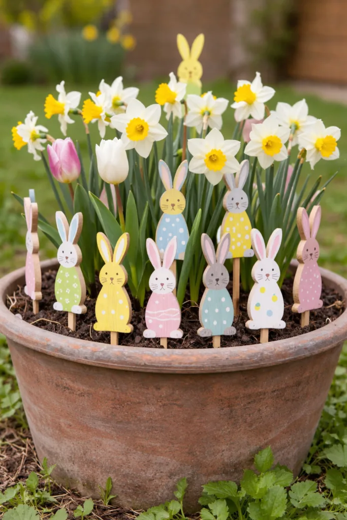 Osterhasen Deko im Blumentopf mit Narzissen und Tulpen als frühlingshafte Gartendeko