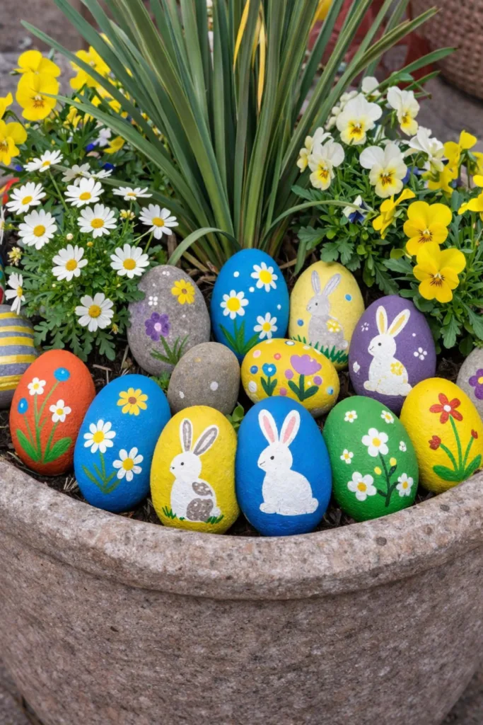 Bunte Ostereier mit Hasenmotiven als Osterdeko im Garten zwischen Frühlingsblumen