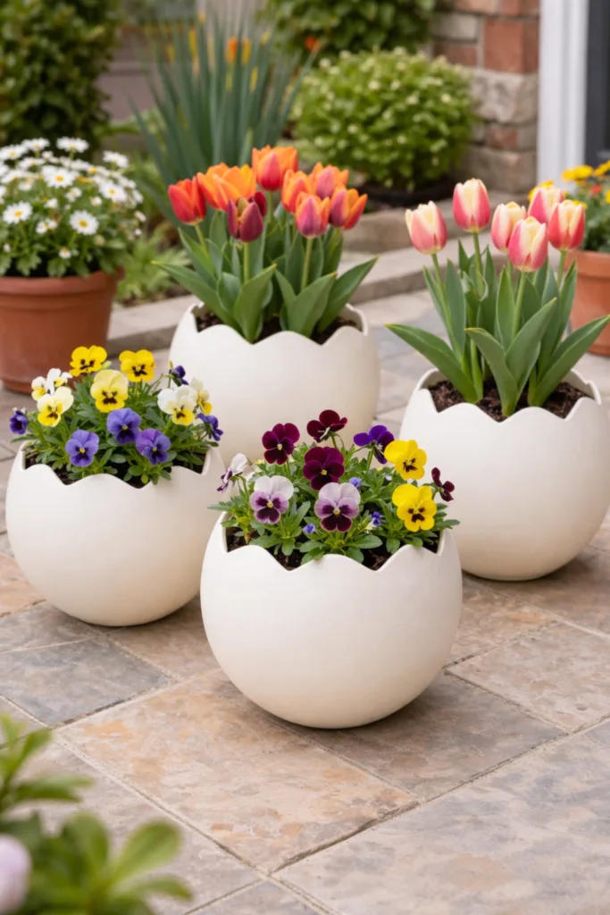 Osterdeko auf der Terrasse mit Tulpen und Stiefmütterchen in weißen Ei-Pflanzgefäßen