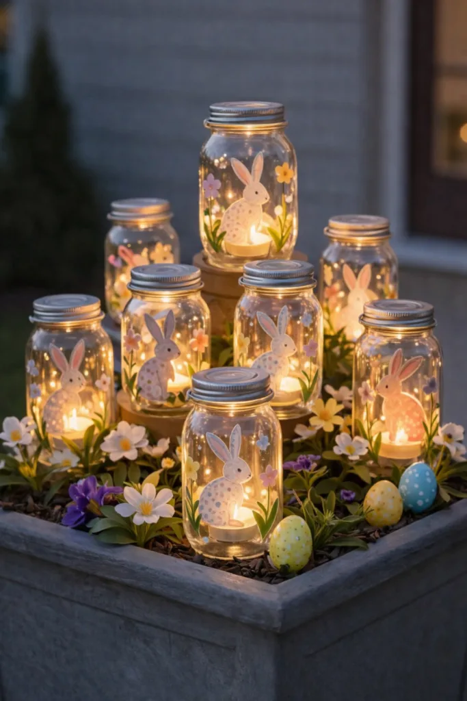 Osterdeko im Garten mit Windlichtern aus Gläsern, Hasenmotiven, Frühlingsblumen und Ostereiern