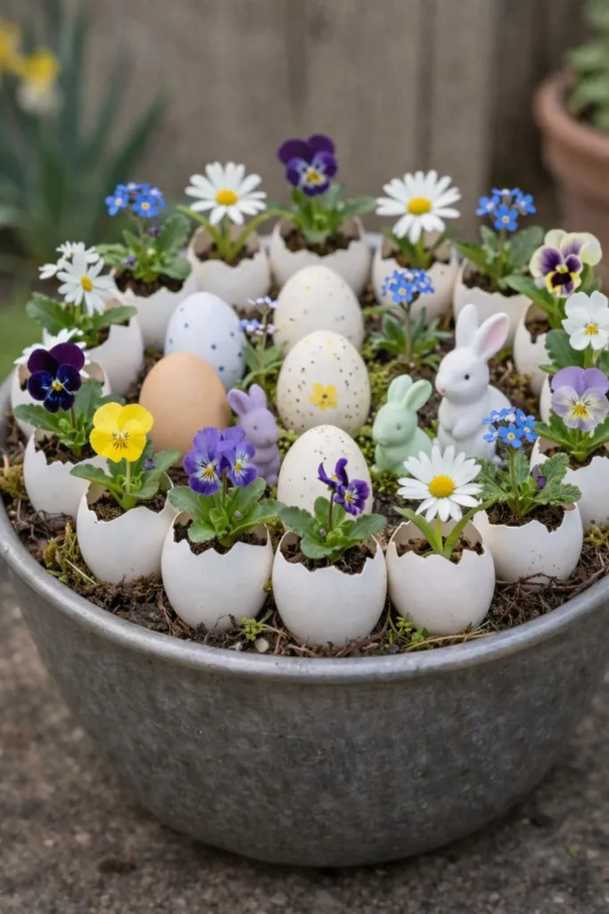 Osterdeko mit Blumen in Eierschalen, dekorative Ostereier und Hasen in einer Metallschale
