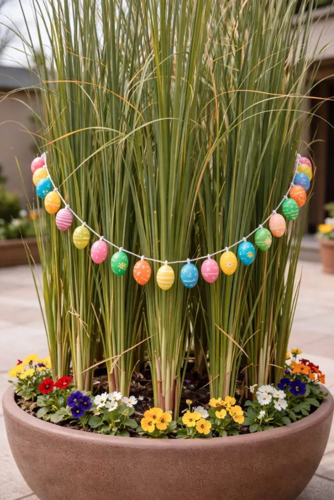 Osterdeko im Garten: Pflanzkübel mit Ziergras, bunten Ostereiern und Frühlingsblumen dekoriert