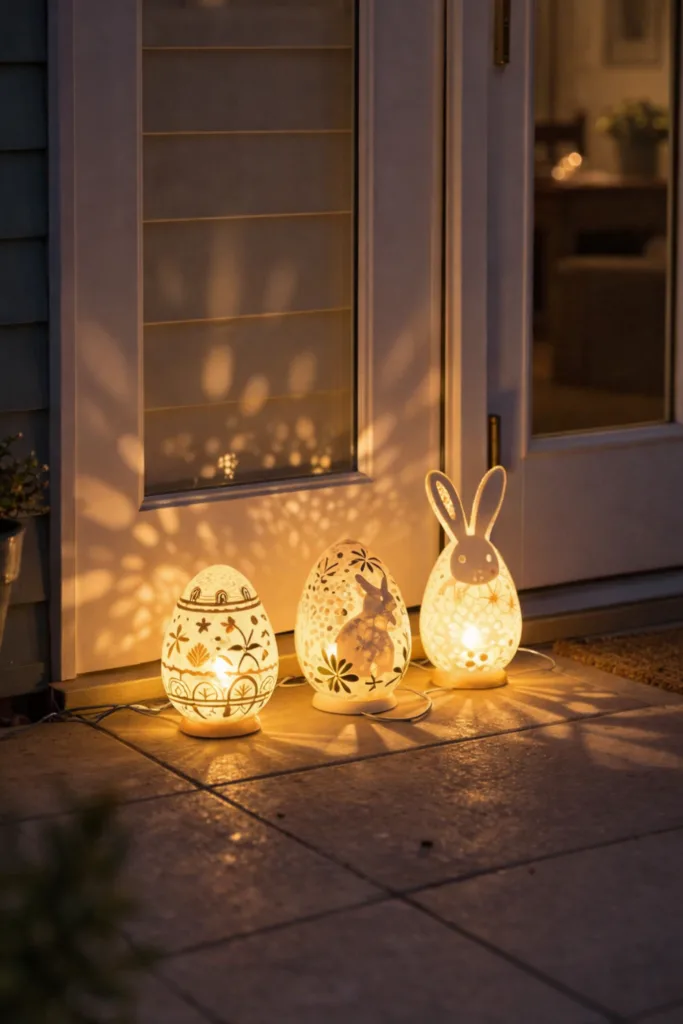 Osterdeko vor der Haustür mit leuchtenden Osterhasen und Ostereiern als stimmungsvolle Frühlingsbeleuchtung