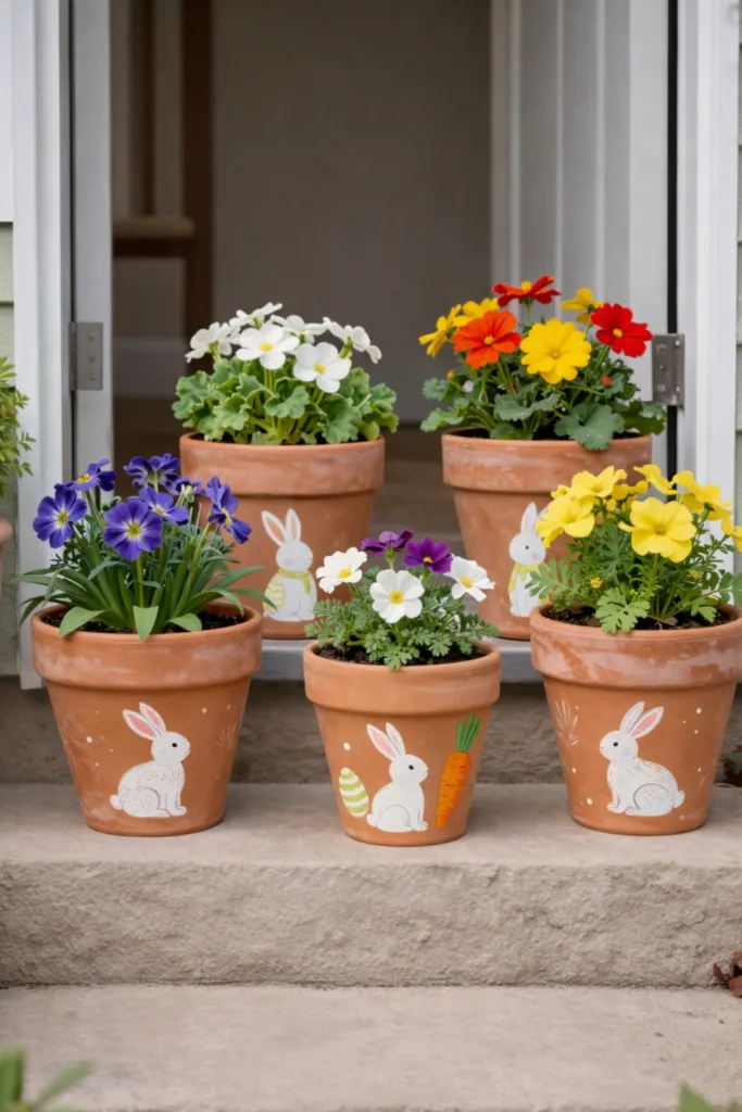 Osterhasen-Blumentöpfe mit bunten Frühlingsblumen als Osterdeko im Eingangsbereich