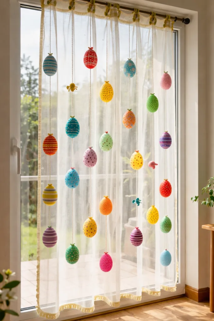 Osterdeko Fenster mit bunten Ostereiern aus Stoff an transparenter Gardine im Frühling