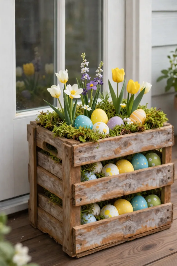 Osterdeko im Frühling: Holzkiste mit Blumen, Moos und bunten Ostereiern vor der Terrassentür