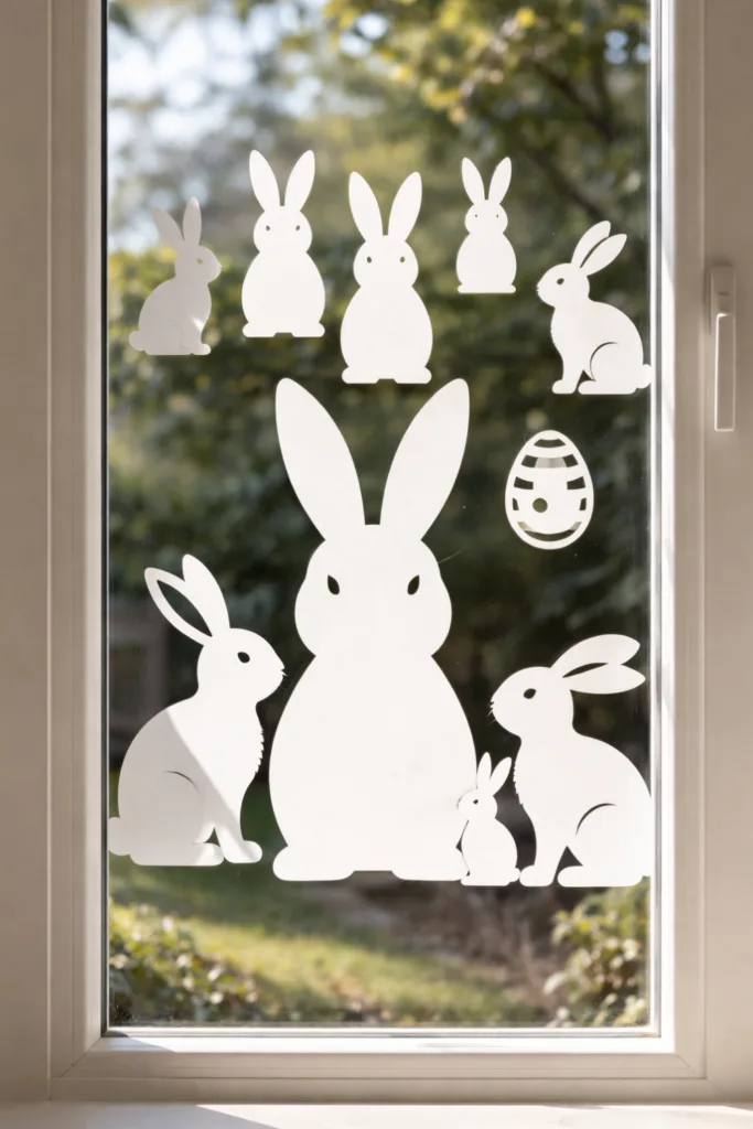 Osterhasen Fensterdeko aus weißen Hasenmotiven am Fenster mit frühllichem Gartenblick