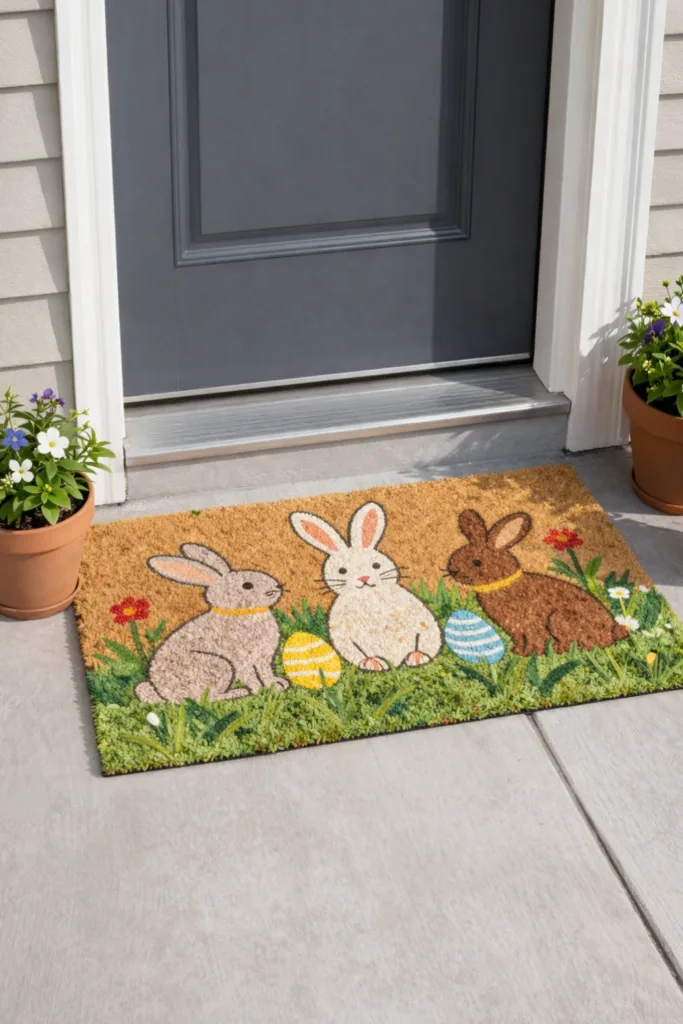 Oster Fußmatte mit Hasen vor der Terrassentür, frühlingshafte Deko für den Eingangsbereich