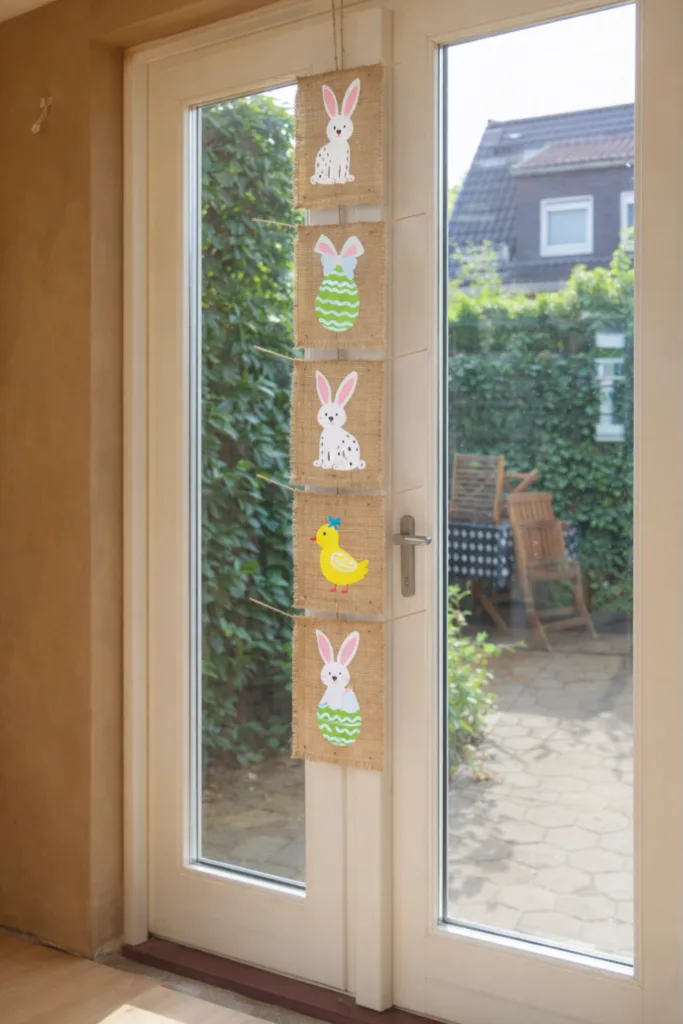 Oster-Girlande längs an der Terrassentür mit Hasen- und Kükenmotiven aus Jute