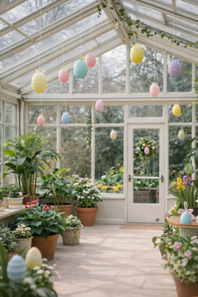 Osterdeko im Wintergarten mit hängenden Ostereiern, Frühlingsblumen und grünen Pflanzen im hellen Gartenraum