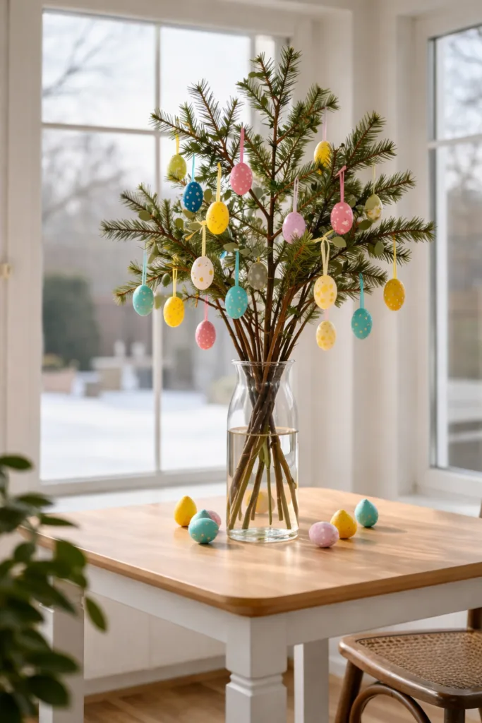 Osterbaum im Glas mit bunten Ostereiern als natürliche Osterdeko für den Frühling