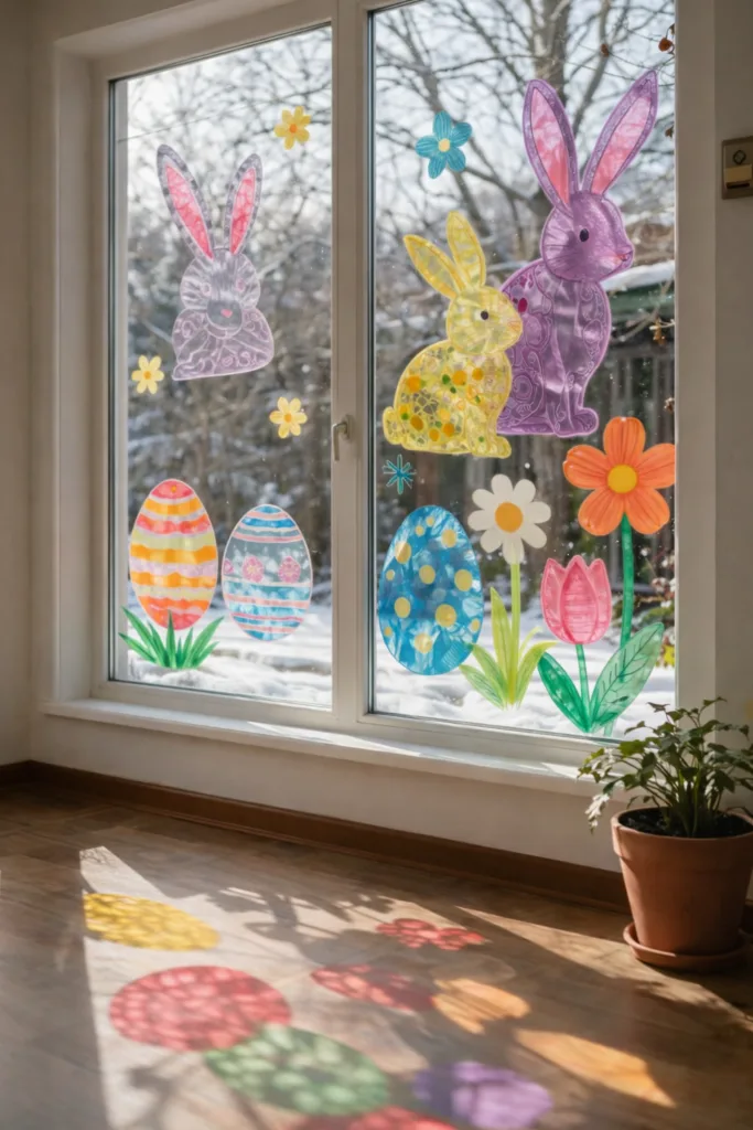 Osterdeko Fenster mit bunten Osterhasen, Ostereiern und Blumen – frühlingshafte Fensterdekoration