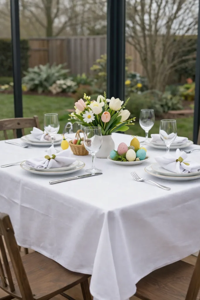 Festlich gedeckter Gartentisch zu Ostern mit Osterdeko, Blumen und Eiern – Ostern im Garten feiern