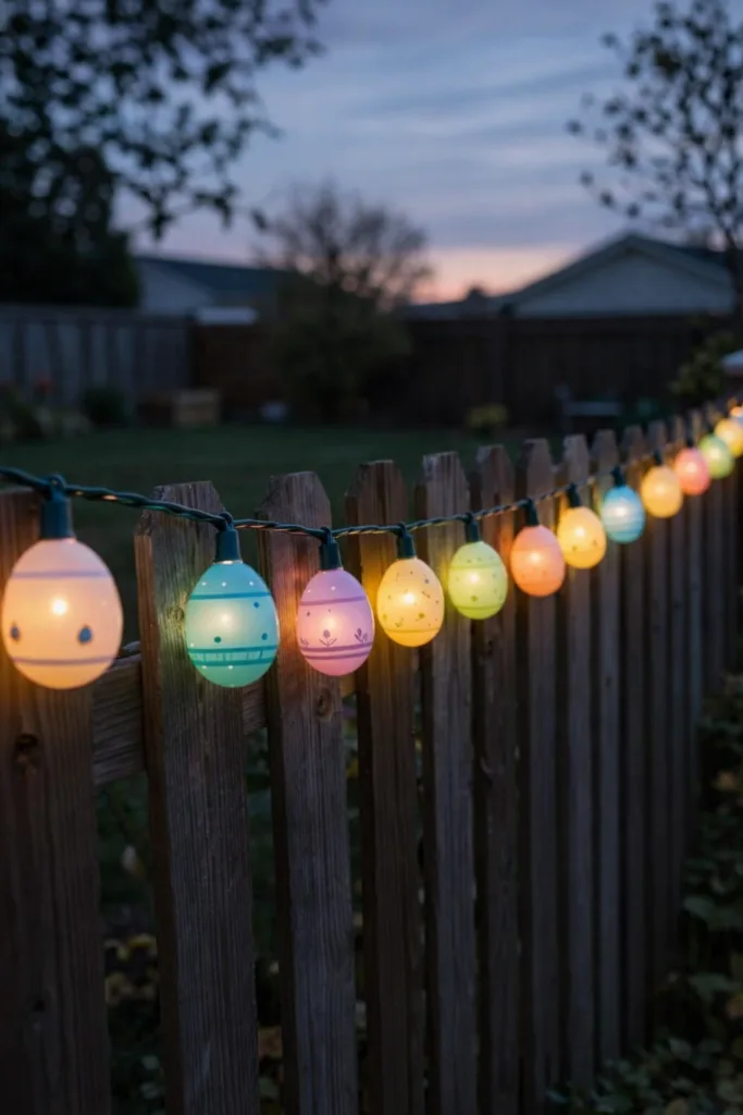 Osterlichter im Garten am Holzzaun bei Dämmerung, bunte Eierlichter schaffen eine gemütliche Frühlingsstimmung