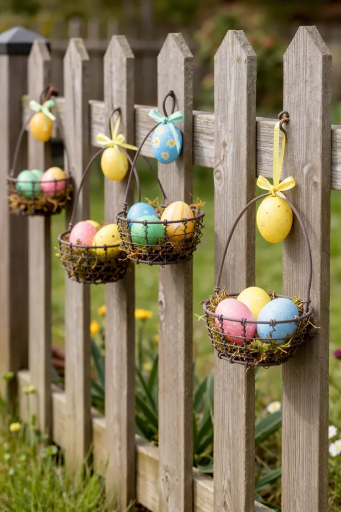 Osterdeko am Gartenzaun mit bunten Ostereiern in Drahtkörben im frühlingshaften Garten