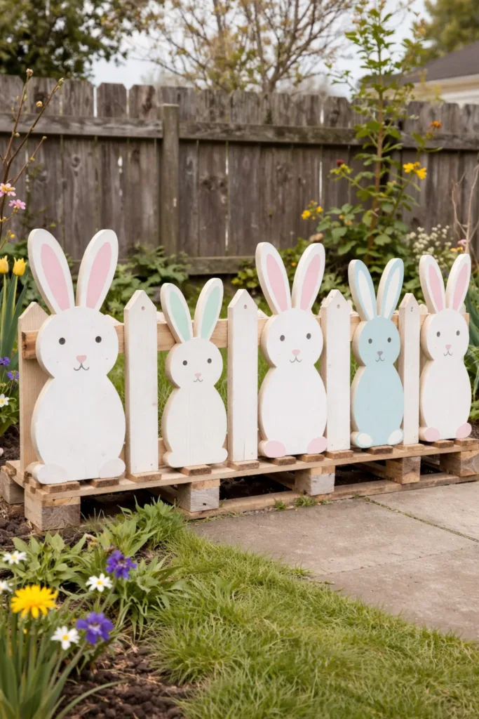 Osterhasen aus Holz im Garten als liebevolle Osterdeko mit Zaunelementen und Frühlingsblumen