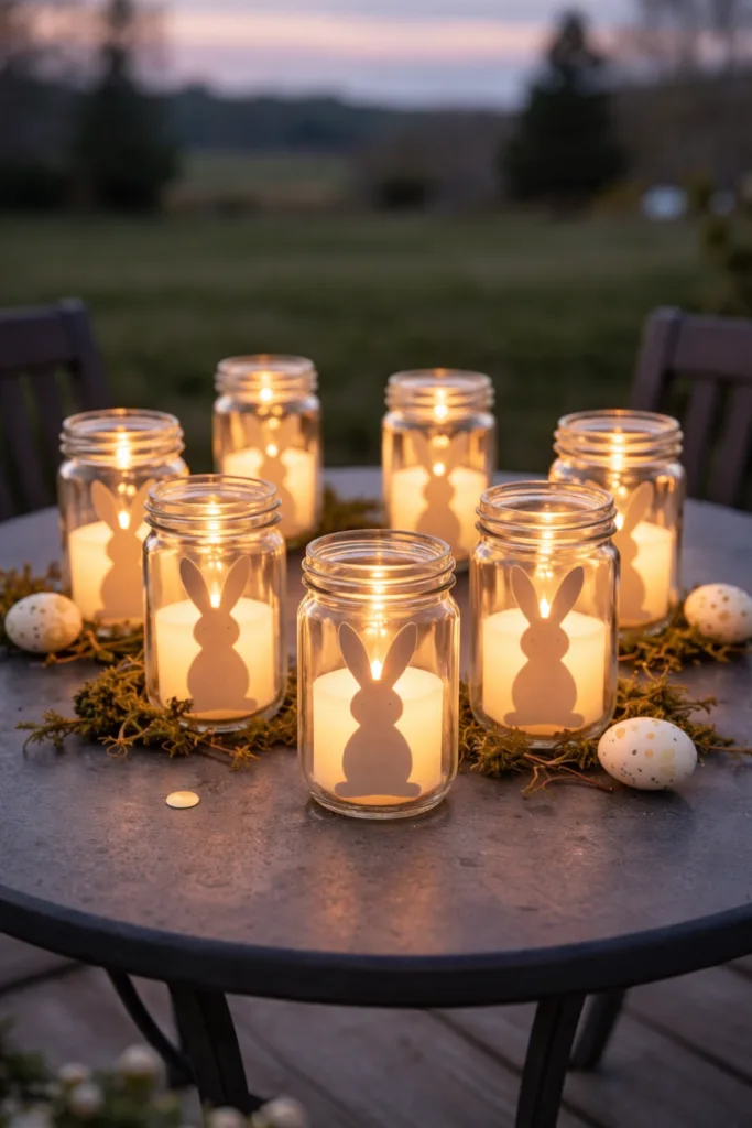 Osterdeko auf der Terrasse mit leuchtenden Eiern, Blumen und Hasenfiguren