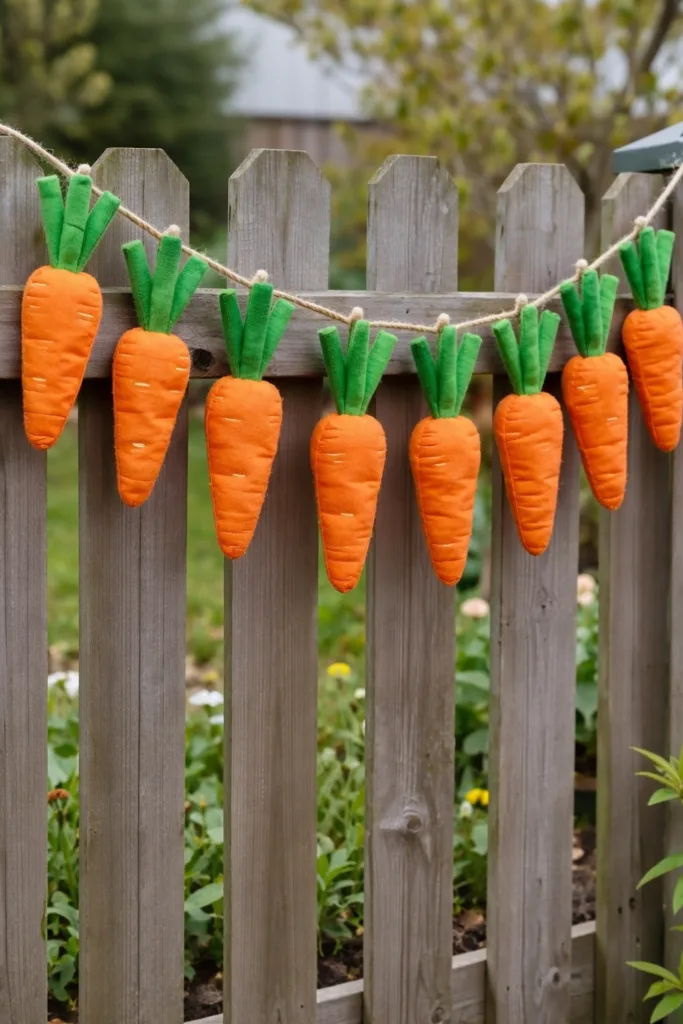 Karotten Girlande aus Stoff als Osterdeko am Gartenzaun, frühlingshafte Gartendekoration