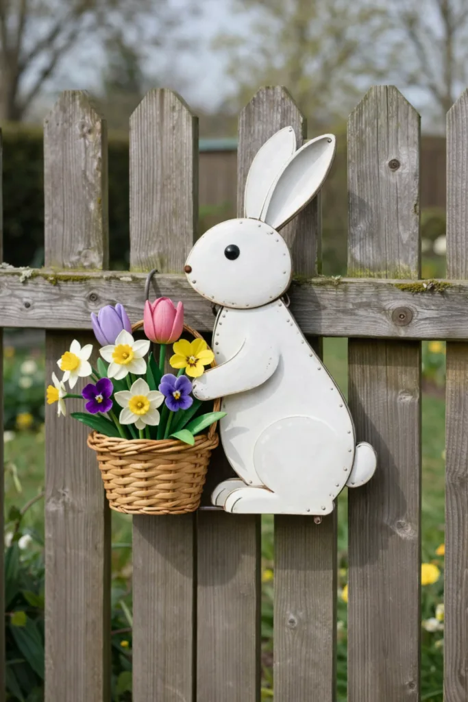 Osterhase Garten Deko aus Metall mit Blumen am Holzzaun im Frühlingsgarten