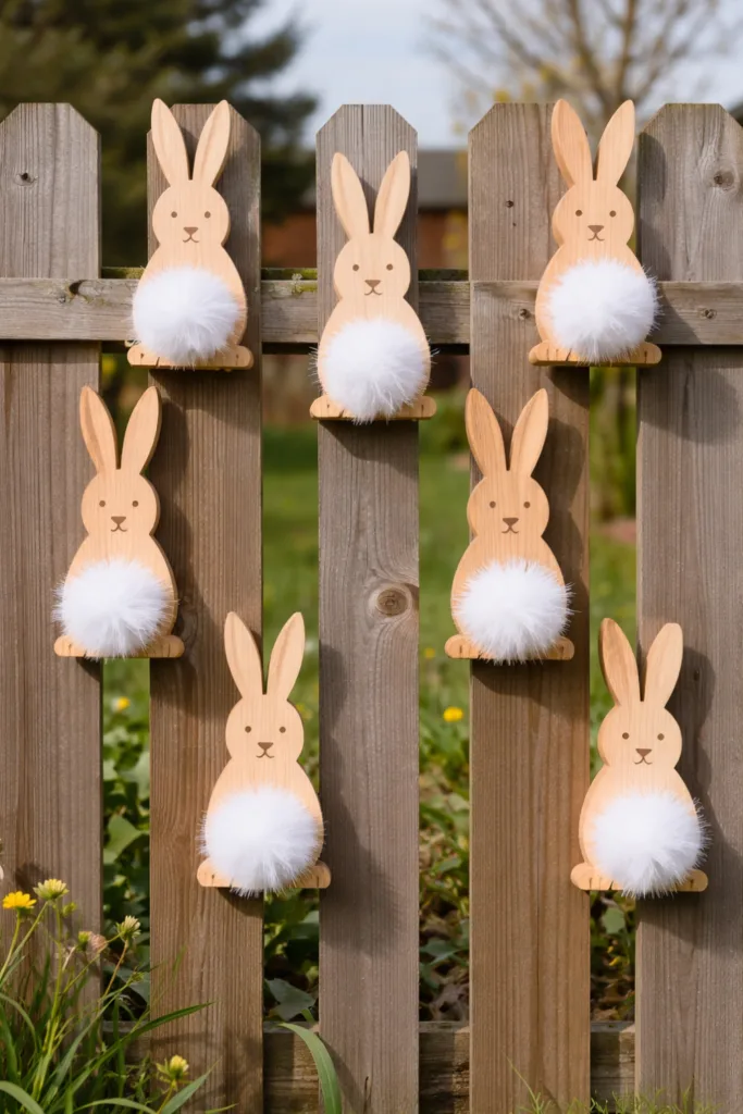 Holz Osterhasen als Gartendeko zu Ostern am Gartenzaun im Frühling