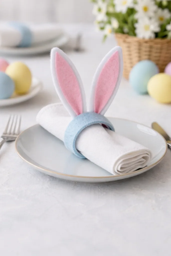 Osterdeko Tisch mit Serviettenring Osterhase in Pastellfarben auf festlich gedecktem Ostertisch