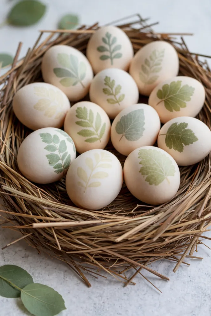 Natürliche Ostereier mit Blattmotiven im Nest – Osterdeko mit Pflanzenfarben und Frühlingslook