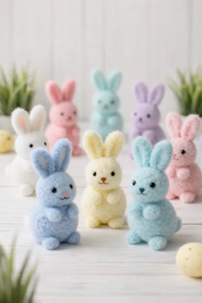 Pastellfarbene Osterhasen Deko aus Filz auf Tisch, Frühlingsdeko mit Hasenfiguren