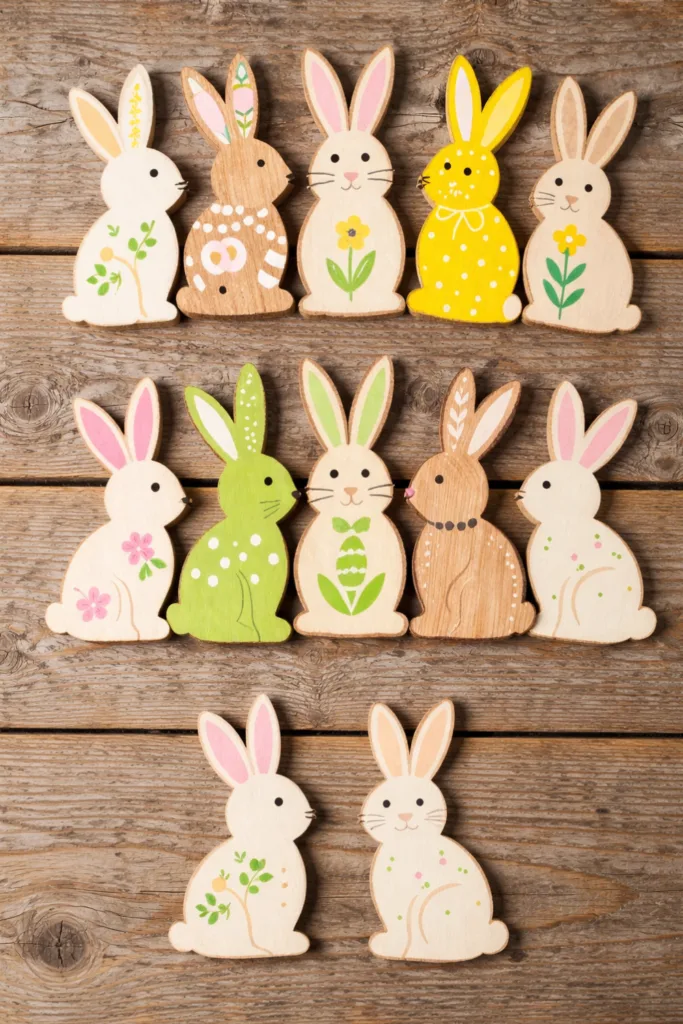 Handbemalte Osterhasen aus Holz, liebevoll gebastelt, frühlingshafte Osterdeko