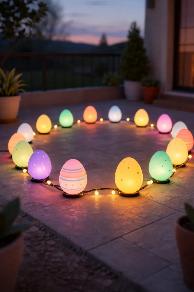 Bunte Osterdeko auf der Terrasse mit Blumen, Lichtern und fröhlichen Hasenfiguren