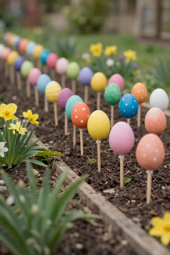 Ostern im Garten mit bunten Ostereiern am Beetrand, frühlingshafte Osterdeko zwischen Blumen und Erde