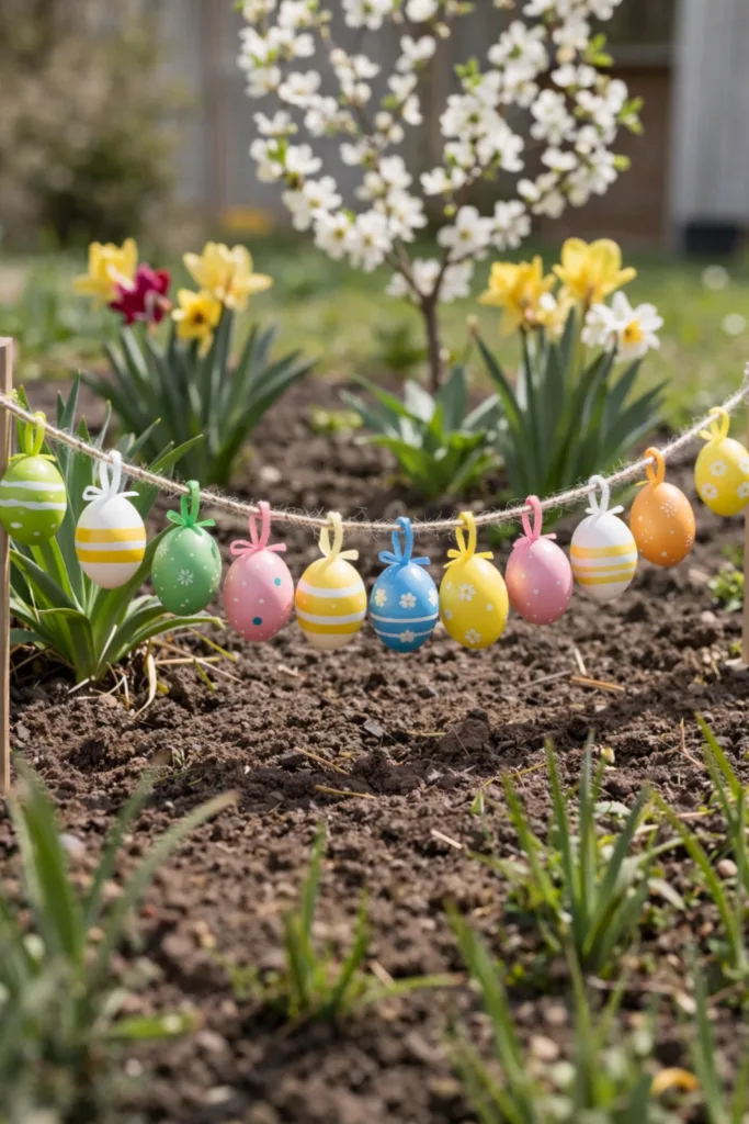 Ostern im Garten mit bunter Osterdeko, hängenden Ostereiern und Frühlingsblumen im Beet
