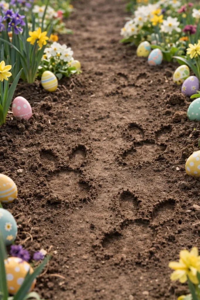 Ostern im Garten mit Hasenspuren im Beet, Frühlingsblumen und bunten Ostereiern als Osterdeko