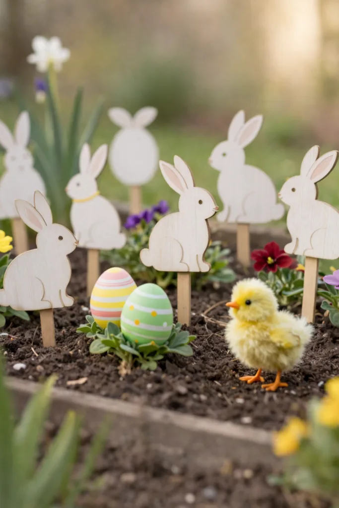 Osterhasen aus Holz als Gartendeko zu Ostern, liebevoll dekoriert im Frühlingsbeet