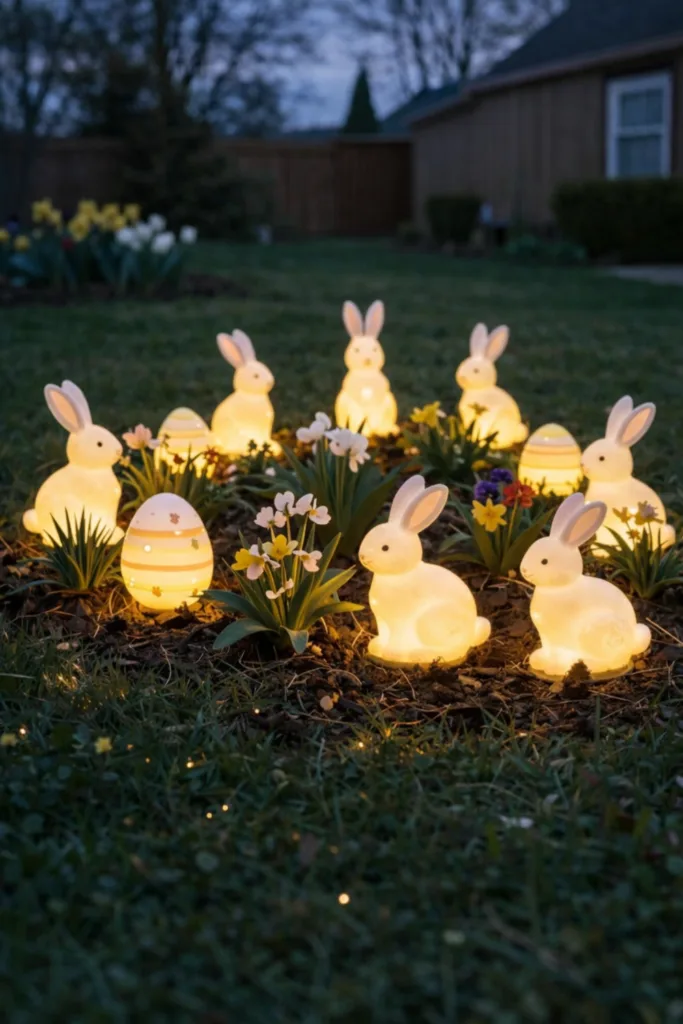 Leuchtende Osterdeko im Garten mit Hasenfiguren und Ostereiern sorgt abends für stimmungsvolle Osterbeleuchtung