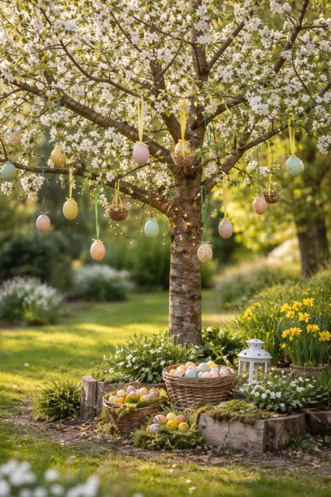 Osterdeko für große Gärten: 5 Ideen, die echt was hermachen Osterbaum im großen Garten mit bunten Eiern und Frühlingsblumen