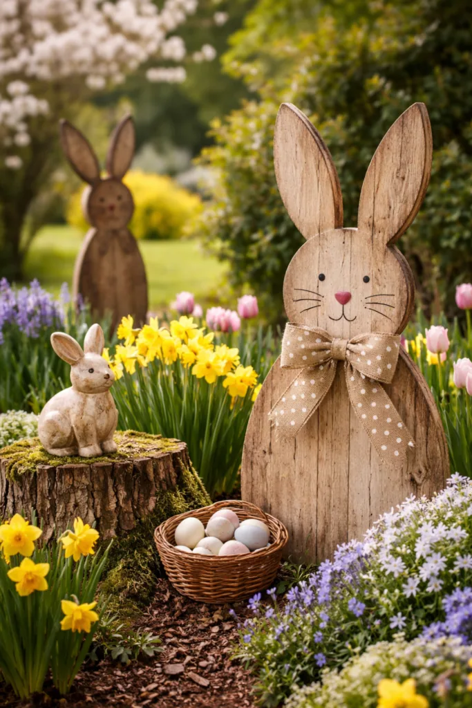 Osterdeko für große Gärten: 5 Ideen, die echt was hermachen Holzhasen und Frühlingsblumen als Osterdeko im großen Garten