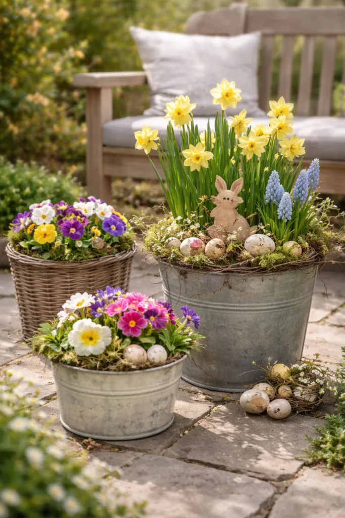 Osterdeko für große Gärten: 5 Ideen, die echt was hermachen Osterdeko im großen Garten mit Blumenkübeln voller Narzissen und Primeln