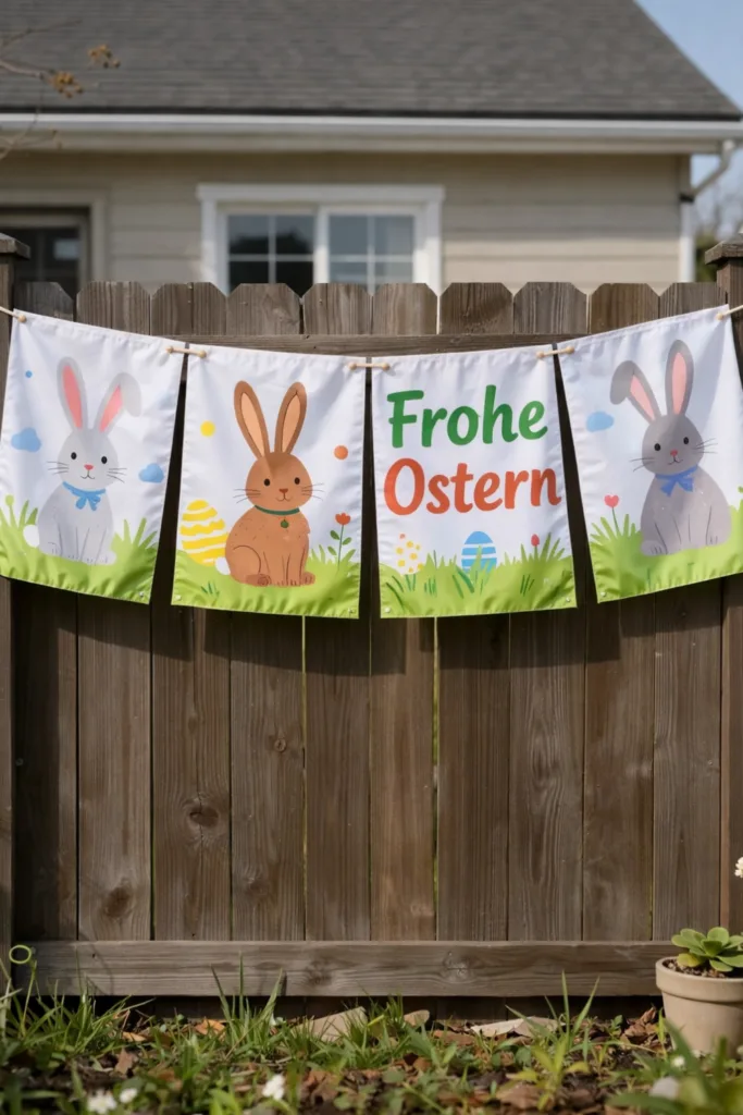 Bunte Ostergirlande mit Hasenmotiv und Frohe-Ostern-Schriftzug im Vorgarten