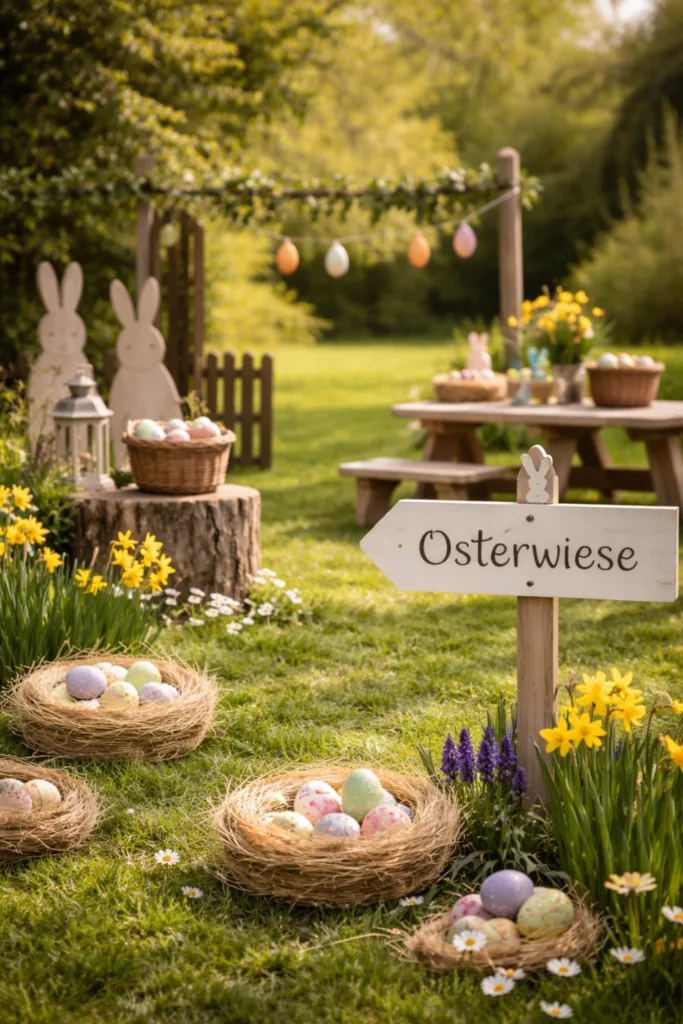 Osterdeko für große Gärten: 5 Ideen, die echt was hermachen Osterwiese im großen Garten mit bunten Eiern, Blumen und Holzdeko