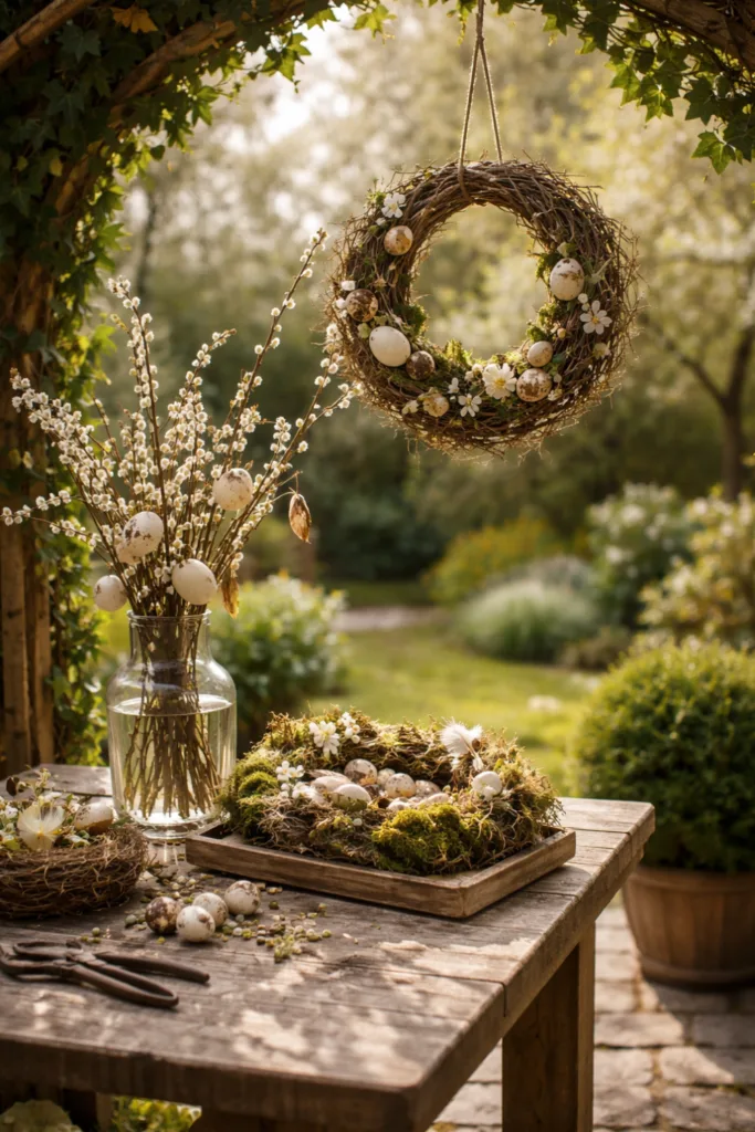 Osterdeko für große Gärten: 5 Ideen, die echt was hermachen Osterdeko im Garten mit Kranz, Zweigen und Frühlingsblüten