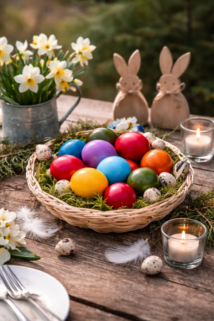 Bunte Osterdeko mit Eiern und Blumen auf einem Terrassentisch im Frühling
