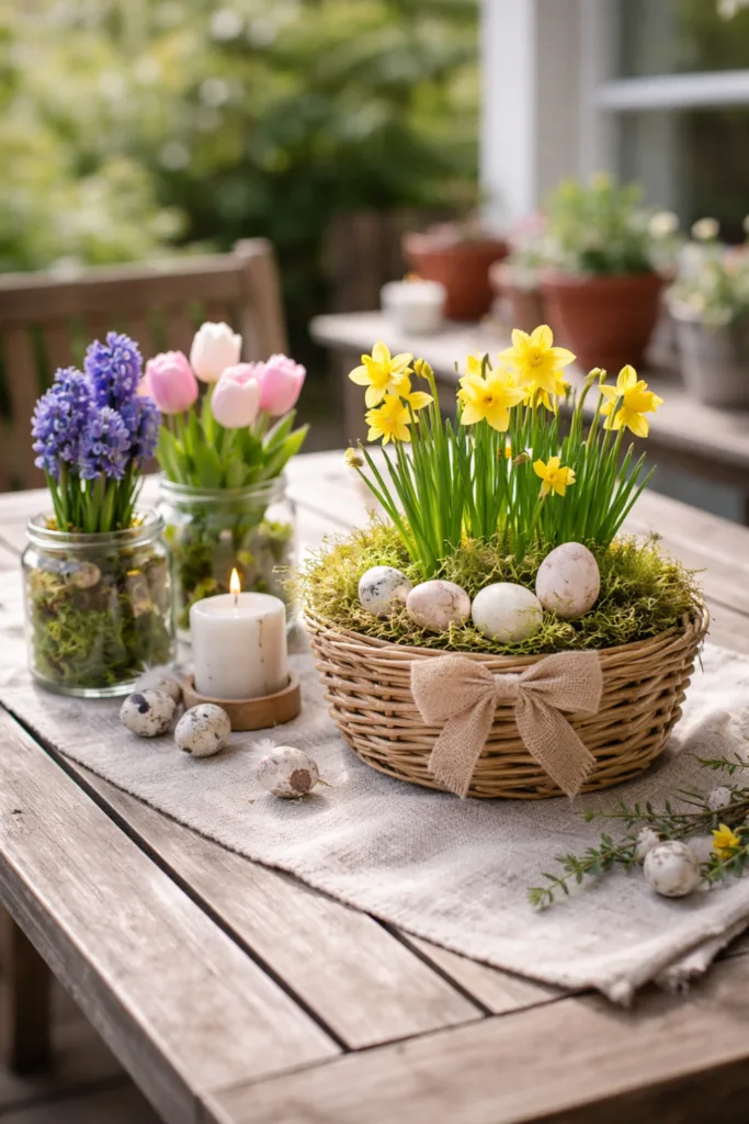 Frühlingshafte Osterdeko mit Narzissen, Hyazinthen und Eiern auf dem Terrassentisch