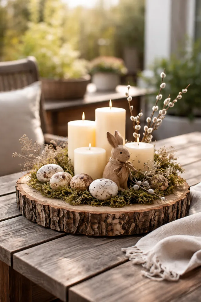 Rustikale Osterdeko für den Terrassentisch mit Holzscheibe, Kerzen und Hasenfigur