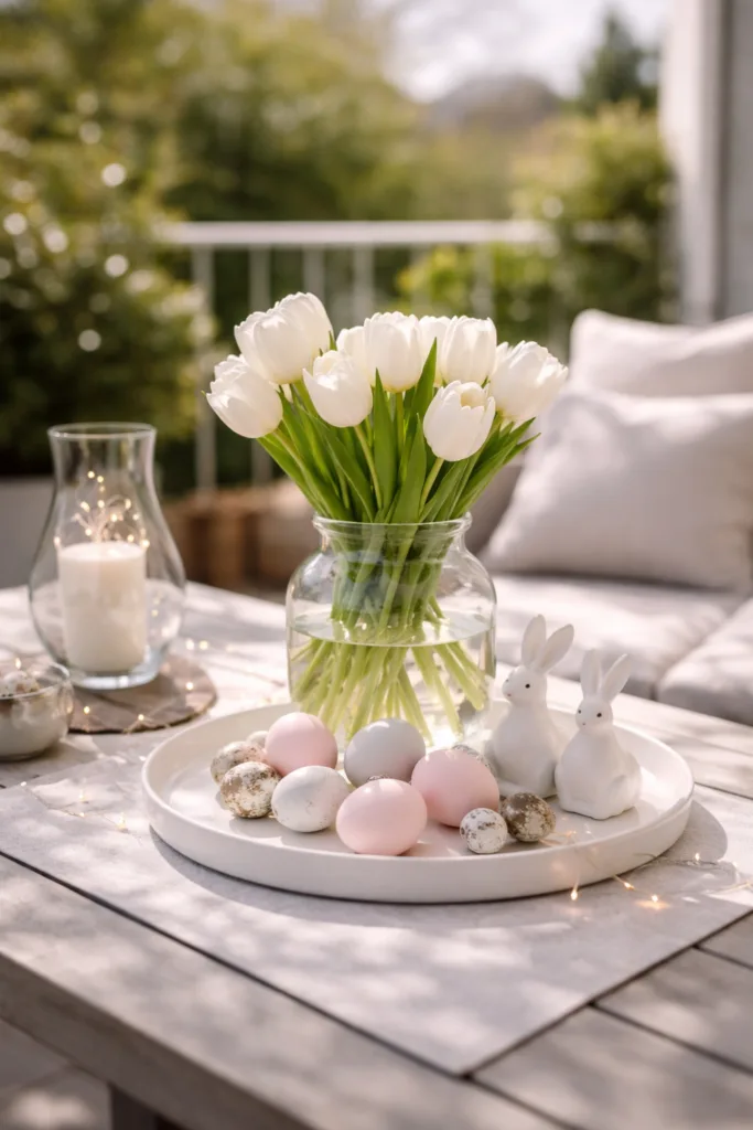 Moderne Osterdeko auf dem Terrassentisch mit weißen Tulpen und pastellfarbenen Eiern
