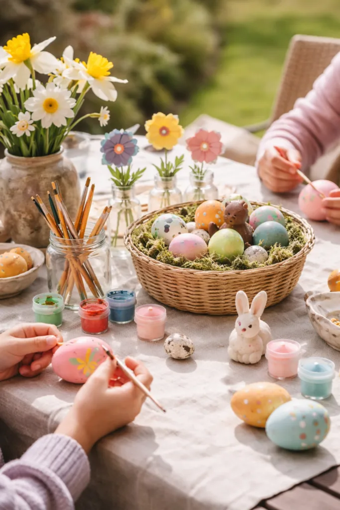 Kinder bemalen Ostereier am Terrassentisch mit natürlicher Osterdeko im Frühling