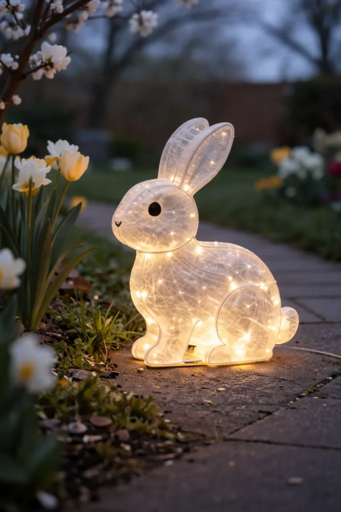 Leuchtender Osterhase als Gartendeko, Osterdeko im Garten mit Lichterkette bei Dämmerung